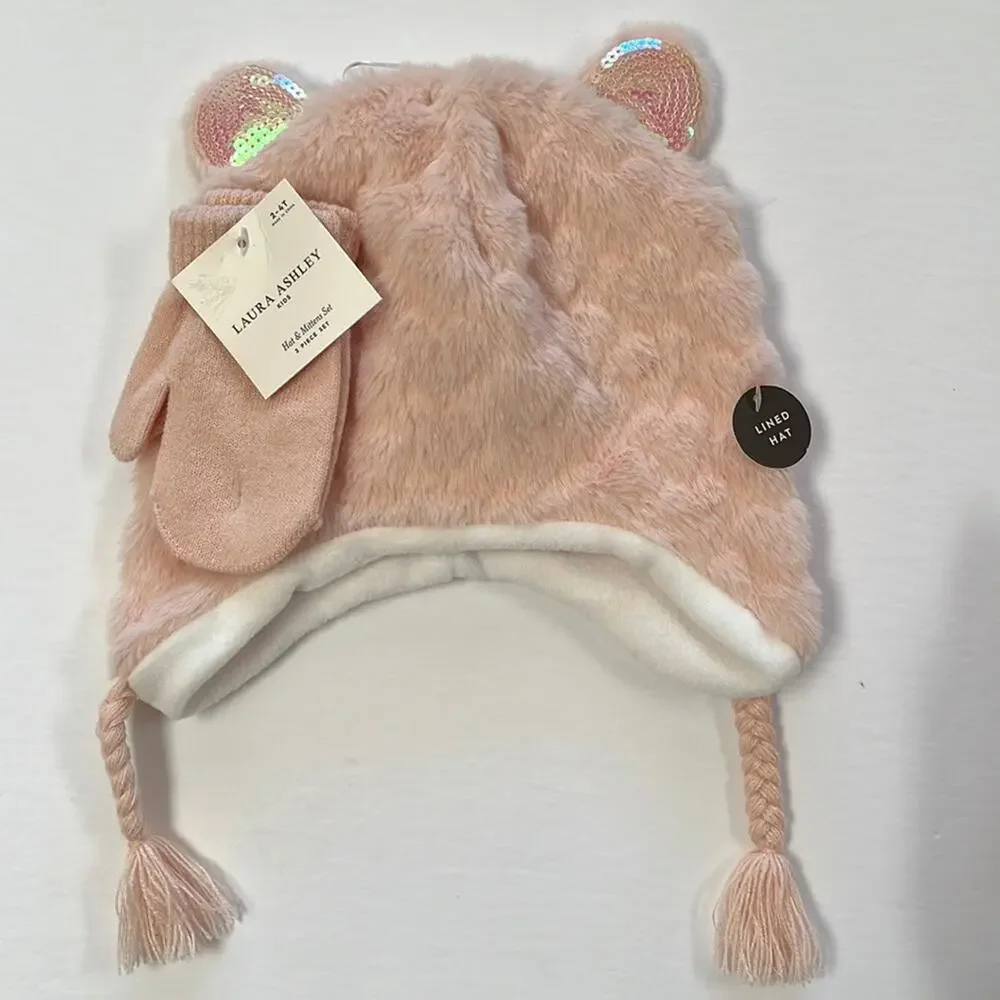 Laura Ashley Hat & Mittens Set Girls Size 2-4T Pink Sequin Ears Lined
